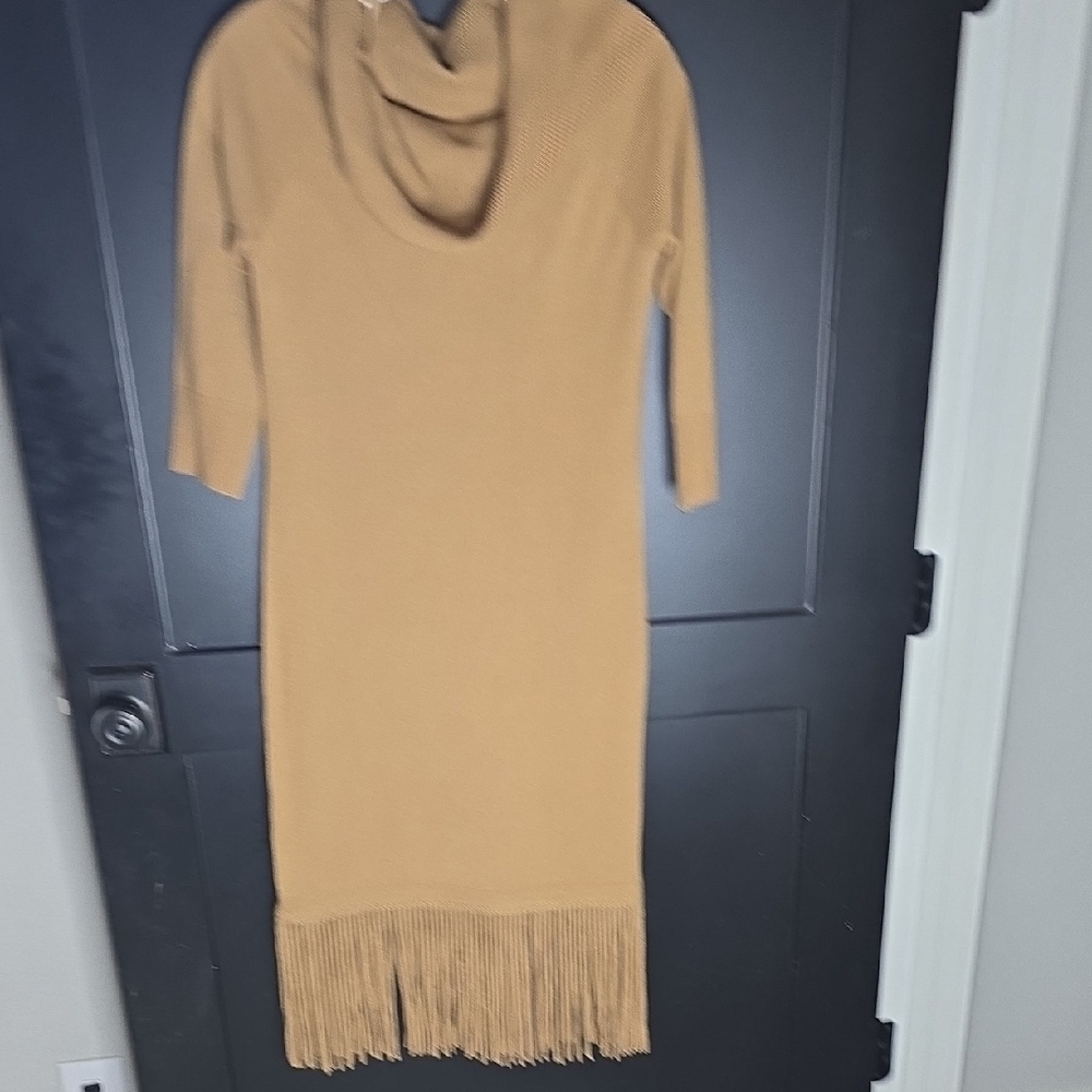 New York & Company Tan Long Sleeve Fringe Dress